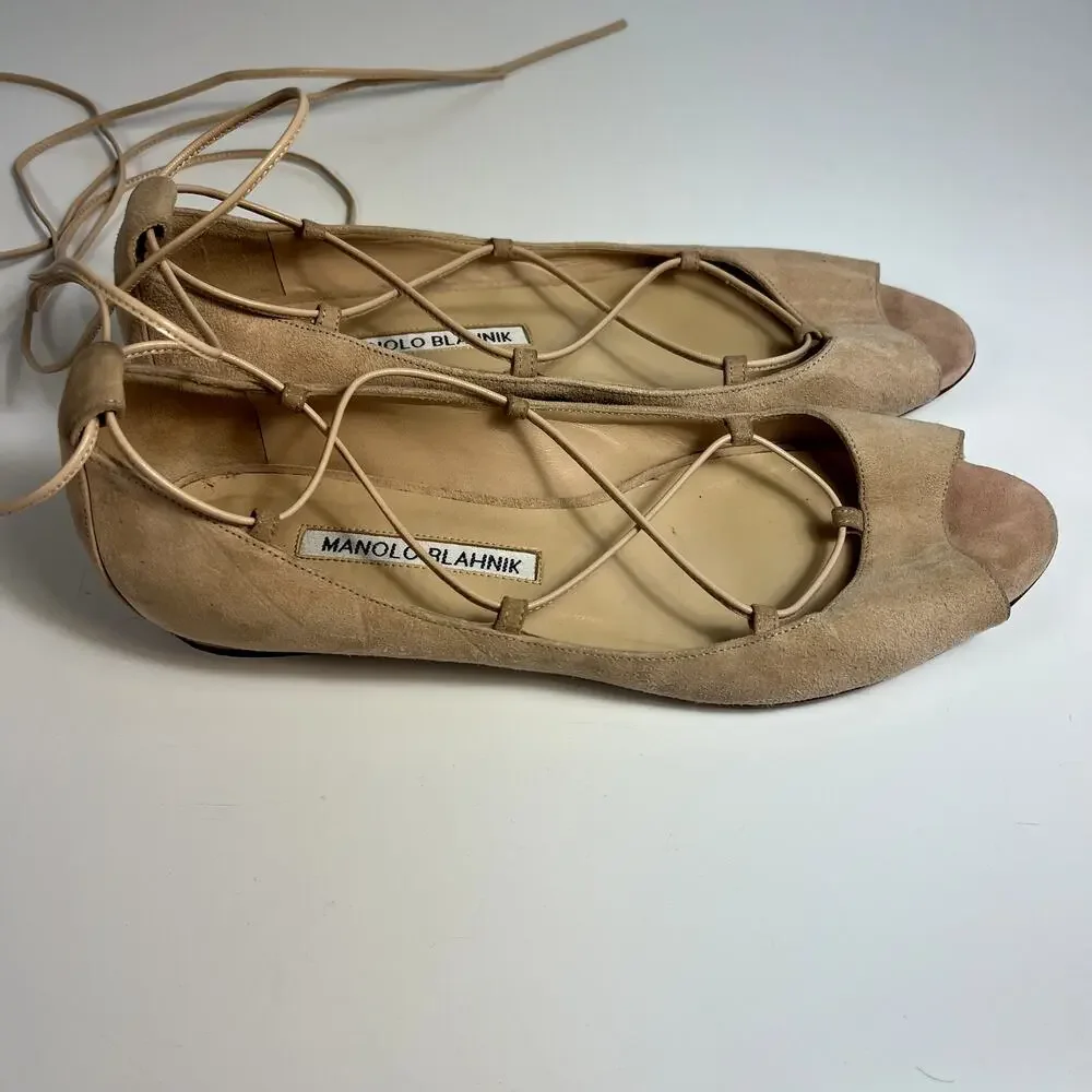 Manolo Blahnik Lace Up Espadrille Flats Peep Toe Suede Nude Size 6 / 36.5 Italy